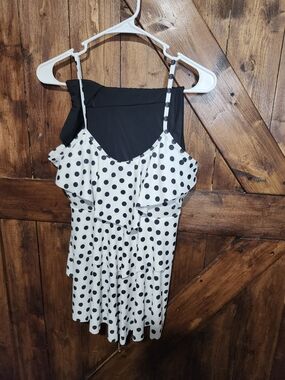 Black & White Polka Dot Ruffle Tankini Top & Black Swim Shorts - Women